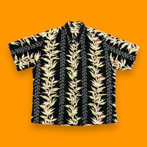 Vintage Hawaiian Shirt Floral Aloha Button Down Camp y2k Cotton Black L/XL